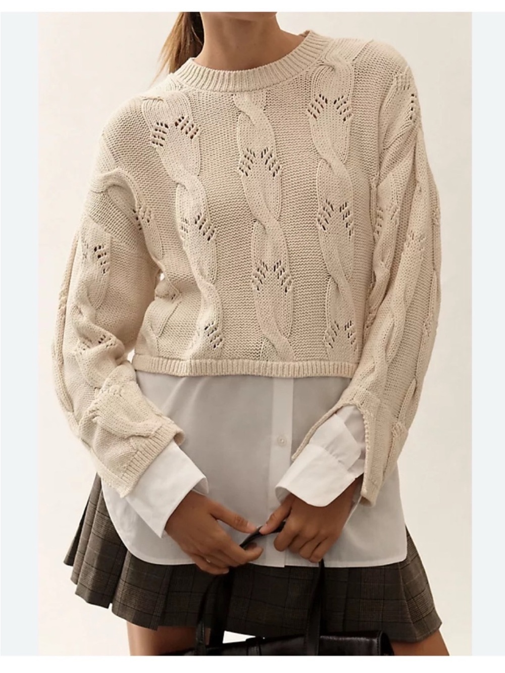 NEW Pilcro Cream Cable Knit Oversized Twofer Sweater and White Shirt Tail sz S